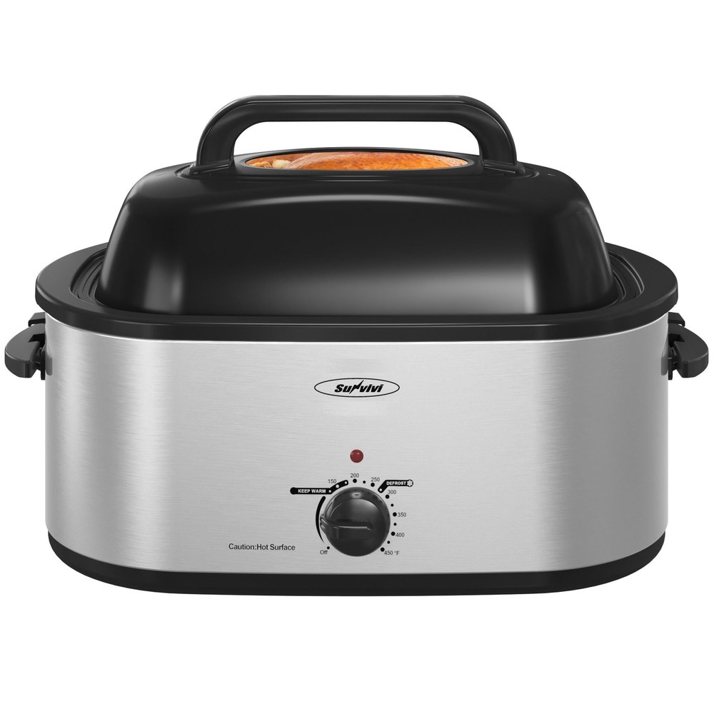 Sunvivi Outdoor 26 Quart Roaster Oven, Electric Roaster with Visible Self-Basting Lid, Removable Pan & Rack, Turkey Roaster Oven with Defrost & Warm Function, Stainless Steel, Silver