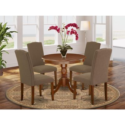 HomeStock Round Dining Table Set 5pc - 36" Table w/ 4 Parsons Chairs - Linen Fabric & Mahogany Legs - Kitchen or Dining Room