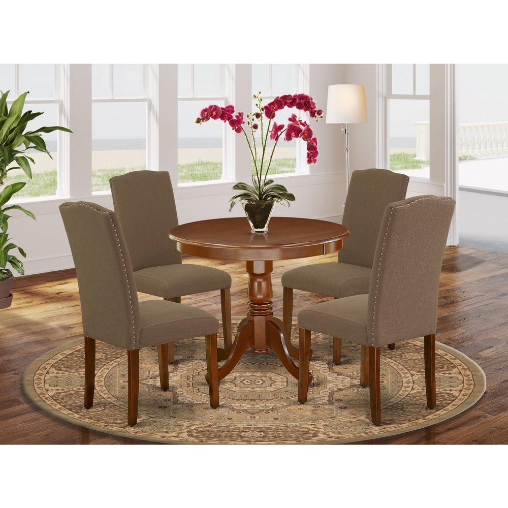 HomeStock Round Dining Table Set 5pc - 36" Table w/ 4 Parsons Chairs - Linen Fabric & Mahogany Legs - Kitchen or Dining Room