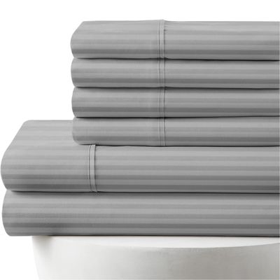 25" Extra Deep Pockets 6-PC Sheet Set - 1000 Thread Count, 100% Egyptian Cotton [1 Flat, 1 Fitted, 4 Pillowcases] 1000-TC Soft Long Staple Cotton - Twin-XL Size, Light Grey Stripe Color