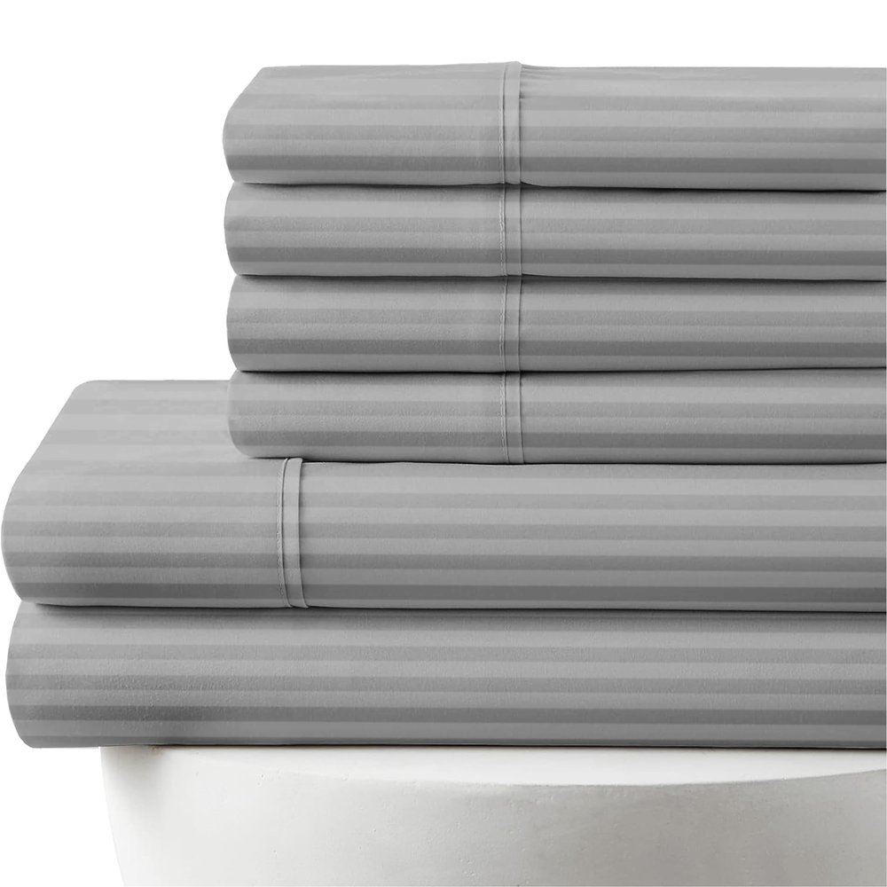 25" Extra Deep Pockets 6-PC Sheet Set - 1000 Thread Count, 100% Egyptian Cotton [1 Flat, 1 Fitted, 4 Pillowcases] 1000-TC Soft Long Staple Cotton - Twin-XL Size, Light Grey Stripe Color