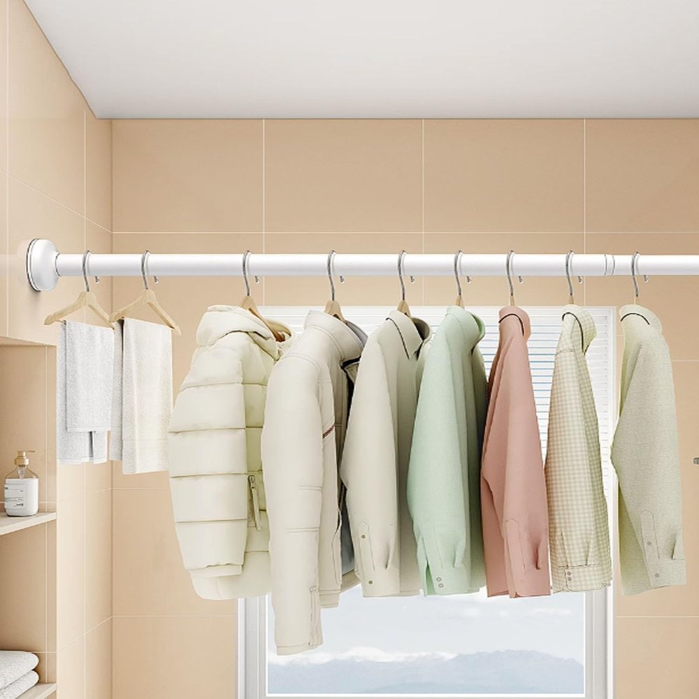 closet rod Hanger Telescopic Rod for Hanging Heavy Duty Clothes, Wall Mount Closet Pole Bar with Non-slip Base, Shower No Drilling Tension Curtain Rail ( Color : White , Size : 150-220 cm(59"-86 5/8")