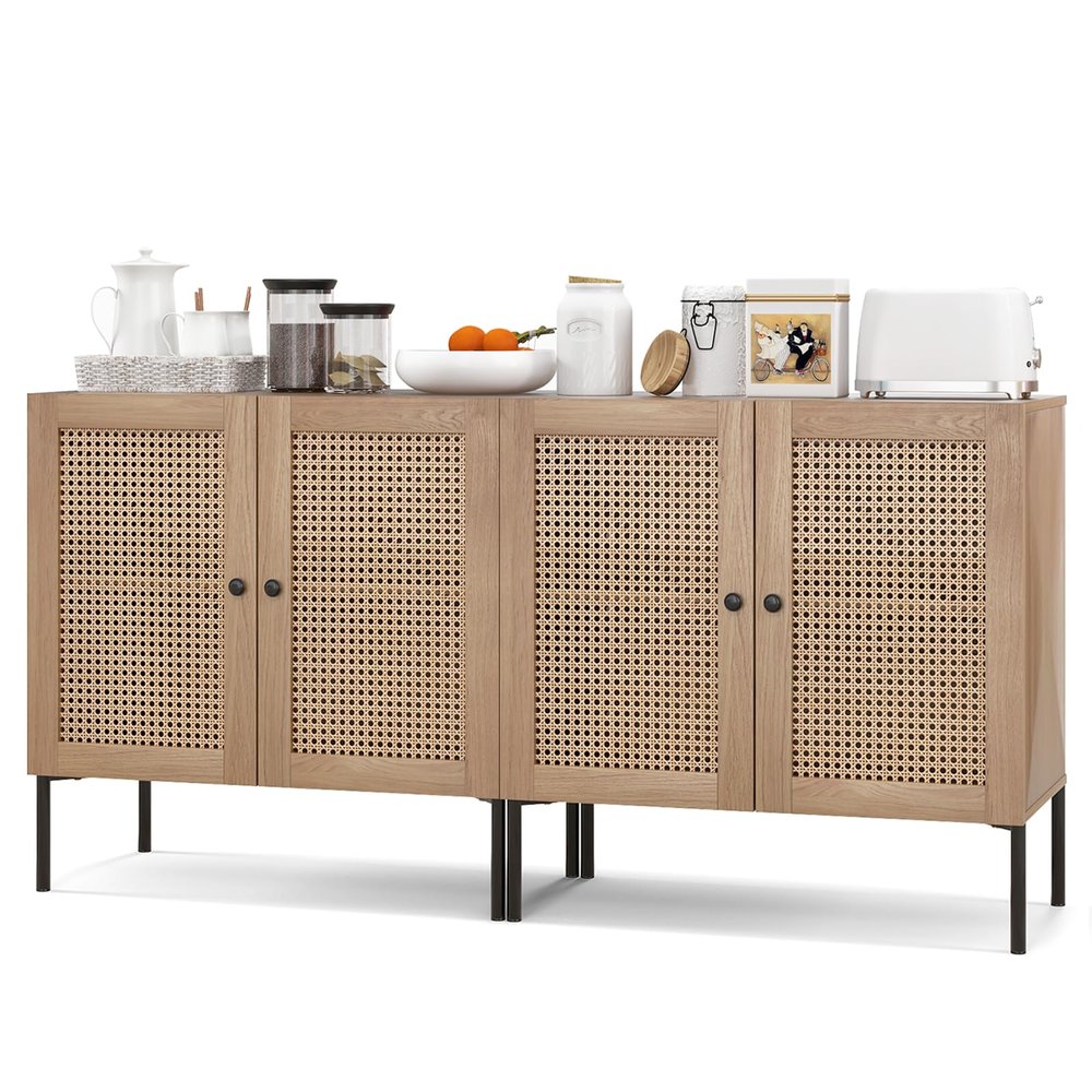 CLEEMAN Rattan Buffet Cabinet Set of 2, Wood Sideboard Cabinet with 3-Positon Adjustable Shelf & Metal Legs, Accent Cabinet for Living Room, Entryway, Dining Room & Kitchen