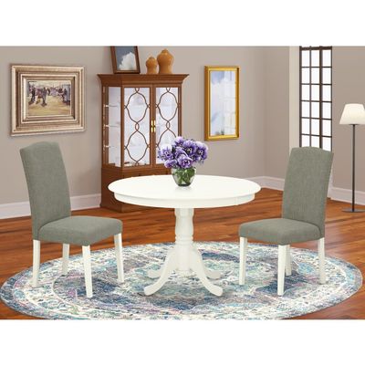 HomeStock Round Dining Table Set 3pc - 42 Inch Table & 2 Parsons Chairs - Linen White Legs - Dark Shitake Fabric