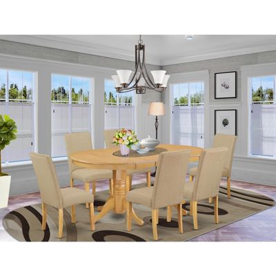 HomeStock Dining Room Set 7Pc Table & Chairs - Modern Design, Oak Finish, Linen Fabric, Dark Khaki