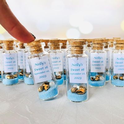Kseniya Revta Custom Birthday Party Favors for Guests - Personalized 40th, 50th, 60th, 70th, 80th Bday Souvenirs - Quinceanera and Sweet 16 Favor Pack (Sand and Shells, Set of 100 bottles)