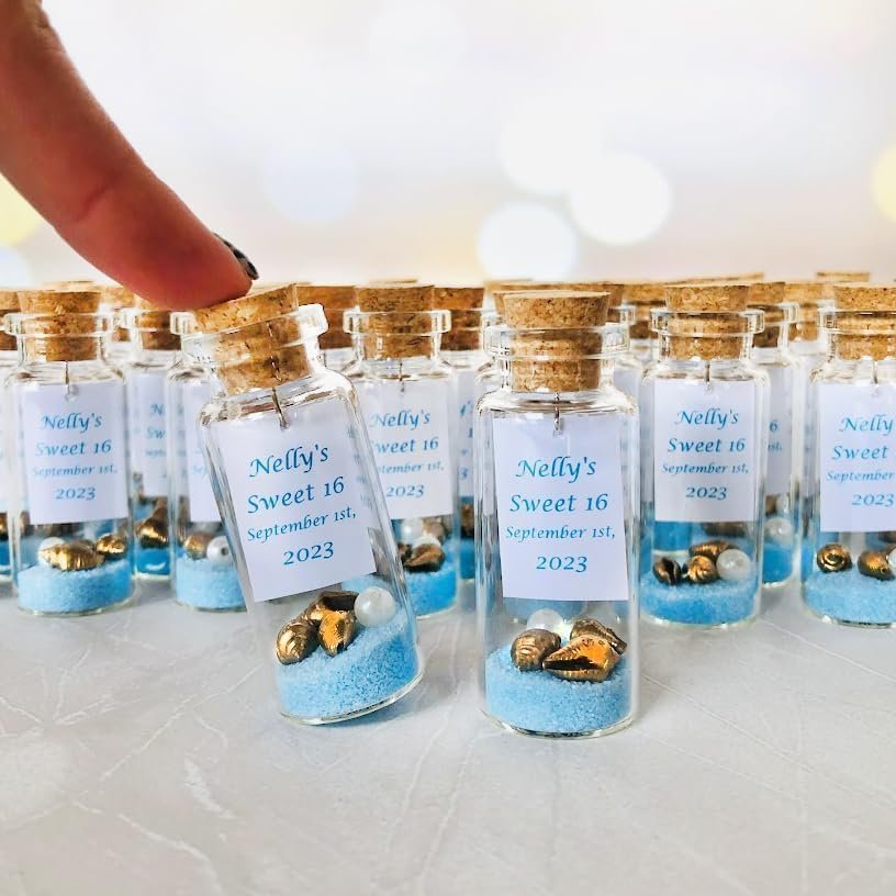 Kseniya Revta Custom Birthday Party Favors for Guests - Personalized 40th, 50th, 60th, 70th, 80th Bday Souvenirs - Quinceanera and Sweet 16 Favor Pack (Sand and Shells, Set of 100 bottles)