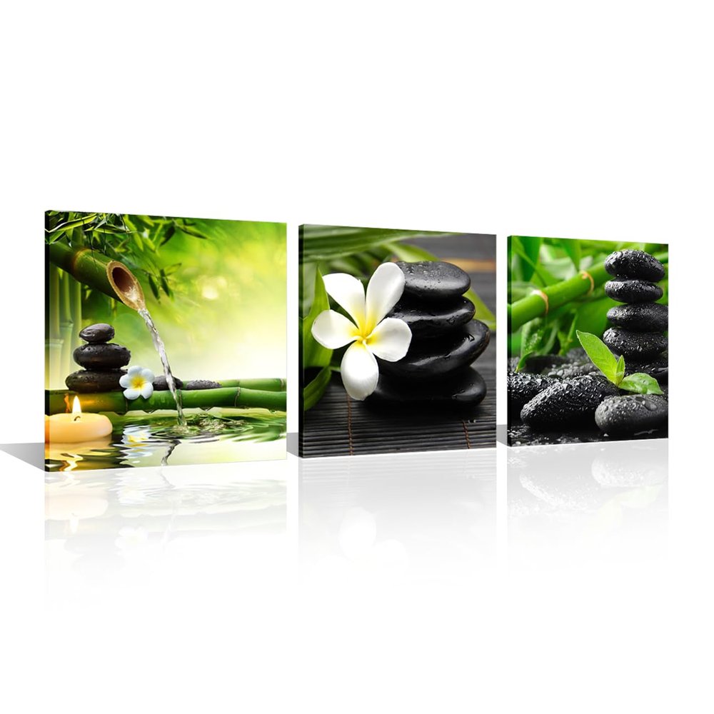 3 Panel Zen Canvas Wall Art Still Life SPA Stone Green Bamboo White Frangipani Flower Pictures Prints on Canvas for Home Office Kitchen Wall Decor 10x10inchx3 Framed