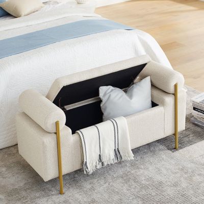 WEALTHOME Stylish and Comfortable Upholstered Bench with Storage, Elegant Upholstered Linen Storage Bench with Cylindrical Arms and Gold Iron Legs for Hallway Living Room Bedroom (Beige)