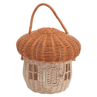 PenRux Rattan Storage Basket, Mushroom Shape Decorative Rattan Woven Basket Handmade Cute Vintage Portable Wall Hanging Storage Basket with Lid for Photo Props Room Decoration