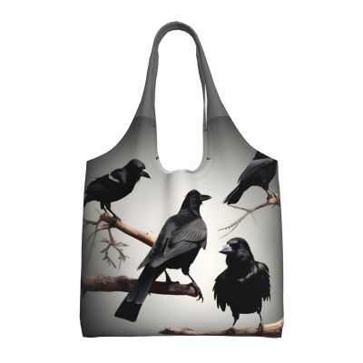 BREAUX Black Crow Birds On A Branch Canvas Tote Bag, Beautiful Tote Bag, Women'S Printed Shopping Bag, Reusable Shopping Bag.