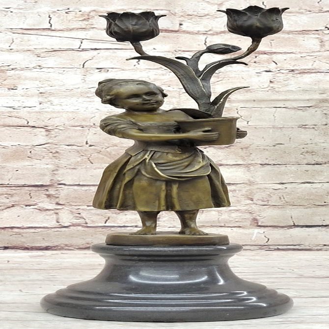 Classic Victorian Statue - Young Girl with Tulip Vase Bronze Sculpture Gift Gift Home Deal by Finery Bronze