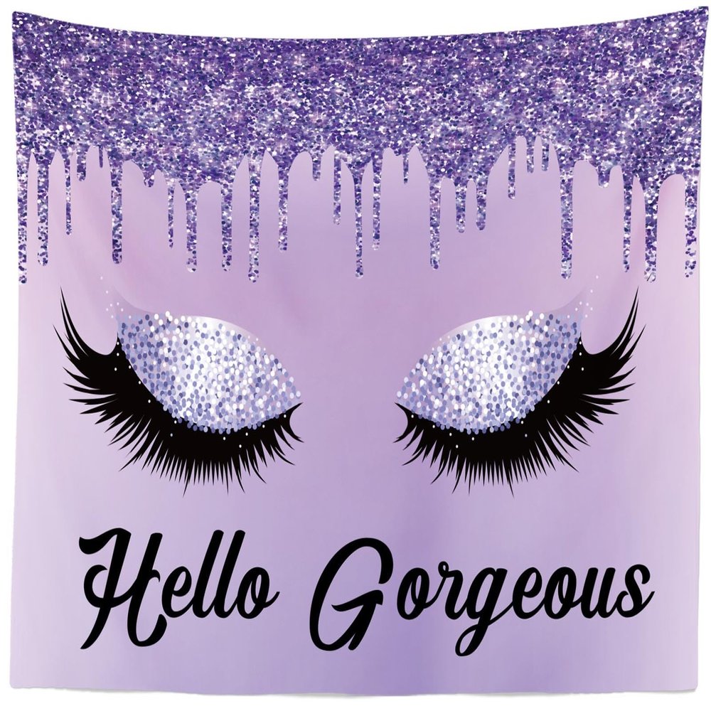 CORFOTO 81x59 Inch Fabric Beautiful Lashes Eye Shadow Tapestry Hello Gorgeous in Purple Wall Hanging Woman Girls Make Up Tapestry for Wall Decor Living Room College Dorm Decor Wallpaper