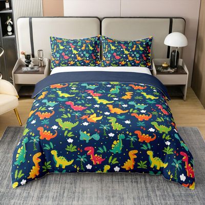 100% Cotton Cartoon Dinosaur Kids Bedding Set for Boys Ancient Jungle Animals Duvet Cover Room Decor Colorful Rainbow Dino Comforter Cover Tropical Palm Leaf Bedspread Cover(Dark Blue,Full 3Pcs)