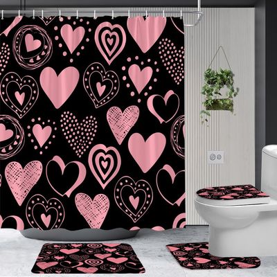 ZWSMZW 4pcs Valentine's Day Shower Curtain Set with Bath Mat, Toilet Cover Mat and U Shape Rug, Pink Heart Black Polka Dot Romantic Lover Couple Sweet Bathroom Decor