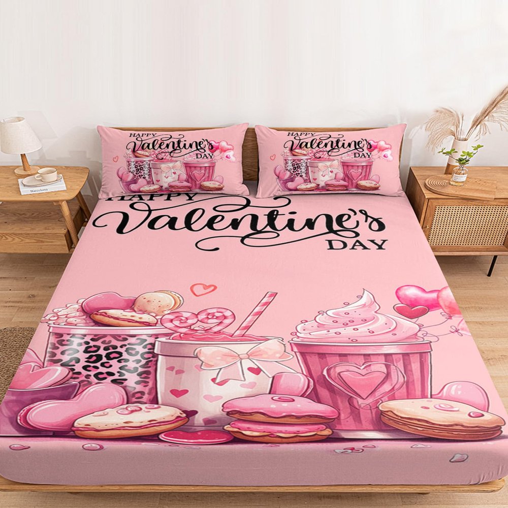 Valentine's Day Fitted Sheet Twin XL Size,Dessert Macaron Cake Drinks Bottom Sheets Bedding Set 2pcs for Girls Women Room Decor,Romantic Pink Deep Pocket Bed Sheet&Pillowcases