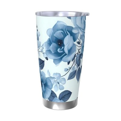 20oz Tumbler with Lid Vacuum Insulated Tumbler Blue Flower Floral Pattern Roses1 Stainless Steel Car Cup Insulated Coffee Mug for Travel Reusable Double Walled Thermal Cup for Hot Cold Drinks
