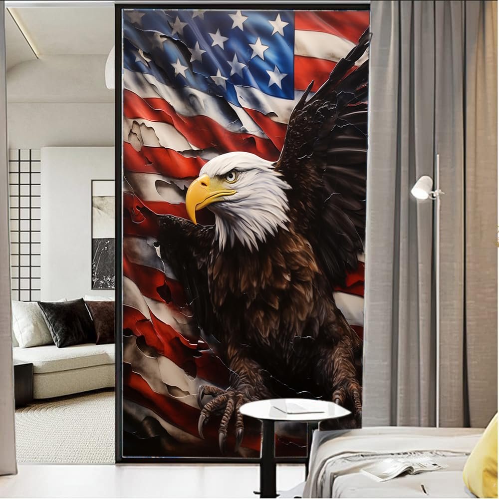 American Flag Eagle Stained Glass Window Film Cool Animals Bird Modern Privacy Window Film Non-Adhesive Glass Film Decorative Static Cling Film for Home Office 31.5Wx55.1L