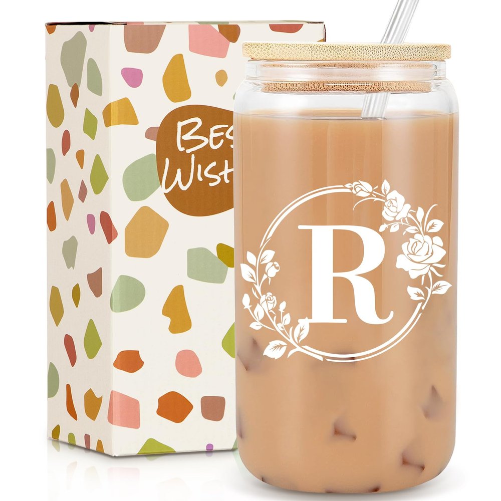 Birthday Gifts for Women, Monogrammed Initial Glass Cup Personalized Gifts for Women, 16oz Glass Cups with Lids and Straws, Iced Coffee Cup, Beer Can Shaped Glass - Gifts for Christmas, Birthday, R