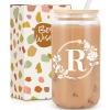 Birthday Gifts for Women, Monogrammed Initial Glass Cup Personalized Gifts for Women, 16oz Glass Cups with Lids and Straws, Iced Coffee Cup, Beer Can Shaped Glass - Gifts for Christmas, Birthday, R view 1