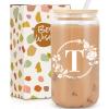 Birthday Gifts for Women, Monogrammed Initial Glass Cup Personalized Gifts for Women, 16oz Glass Cups with Lids and Straws, Iced Coffee Cup, Beer Can Shaped Glass - Gifts for Christmas, Birthday, T view 1