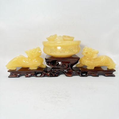NATURAL MARBLE SHOP Feng Shui Yellow Jade Pi Yao/Pi Xiu Statue and Treasure Basin with 10 Pcs Ingot/Yuan Bao Wealth Porsperity Figurine, Best Housewarming Congratulatory Decoration