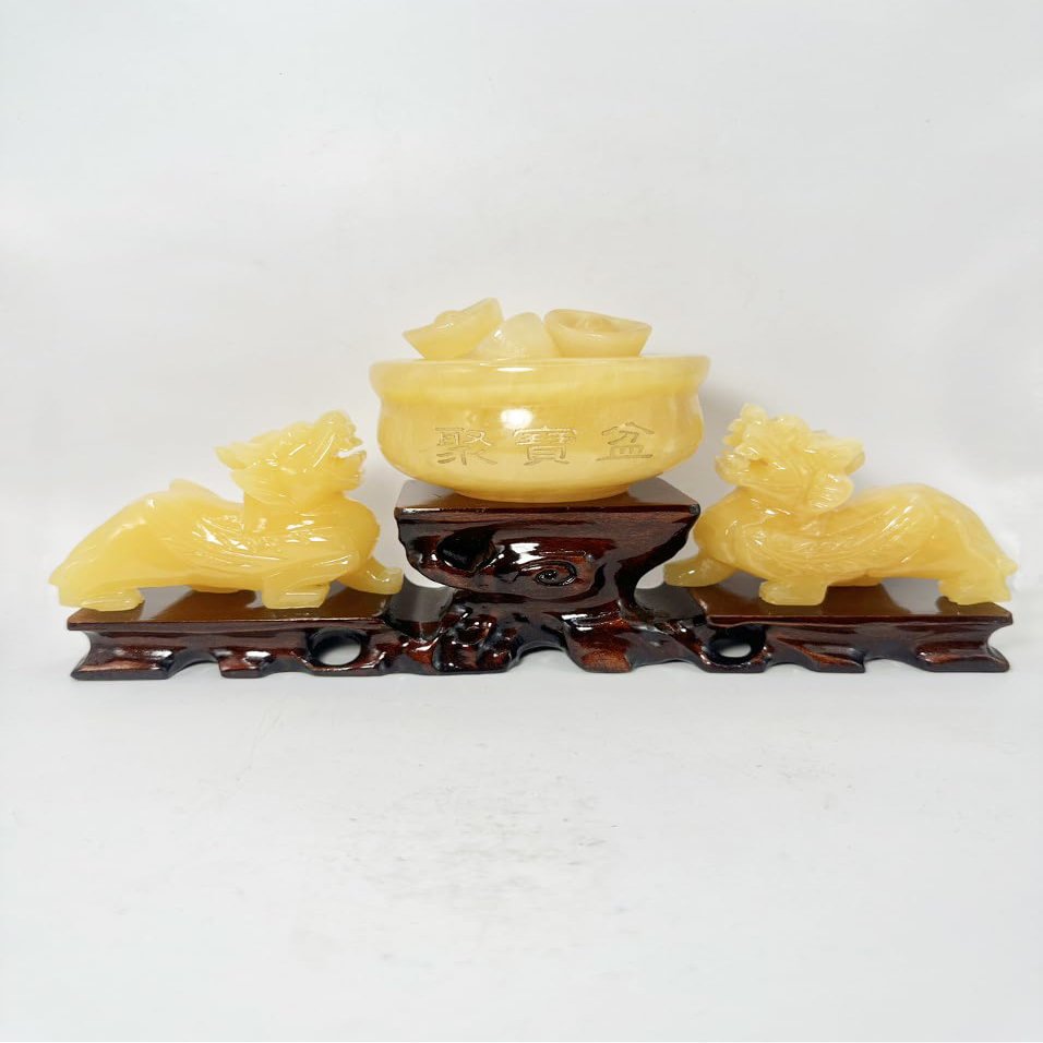 NATURAL MARBLE SHOP Feng Shui Yellow Jade Pi Yao/Pi Xiu Statue and Treasure Basin with 10 Pcs Ingot/Yuan Bao Wealth Porsperity Figurine, Best Housewarming Congratulatory Decoration