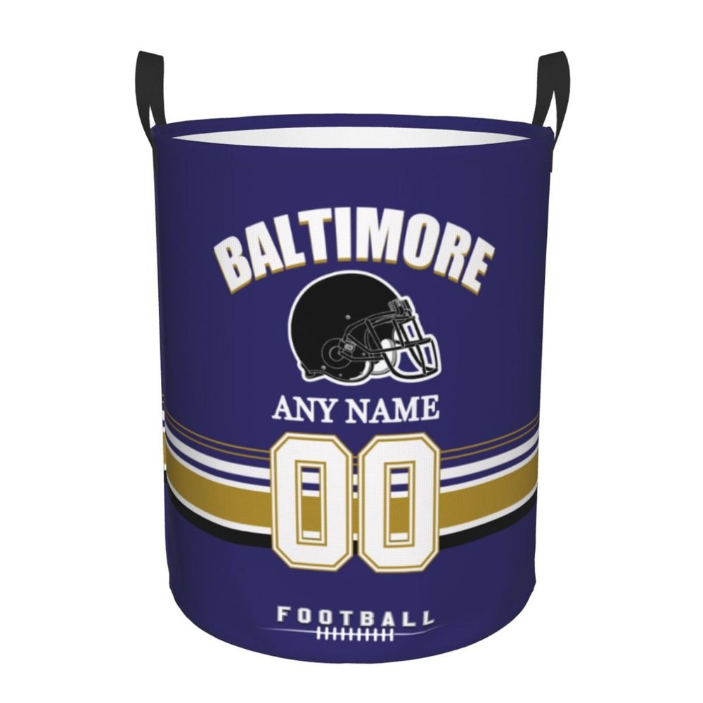 Baltimore Laundry Hamper, Personalized Football Style Laundry Basket, Custom Name and Number Collapsible Storage Basket with Handle Gift for Bedroom Bathroom