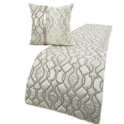 The HomeCentric King/Queen/Twin Ivory & Silver Decorative Twin 53"x18" Bed Runner with 2 Pillow Cover, Lattice & Quilted Bed Scarf on Jacquard Silk Fabric - Ivory Delicacy