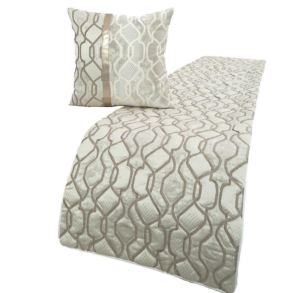 The HomeCentric King/Queen/Twin Ivory & Silver Decorative Twin 53"x18" Bed Runner with 2 Pillow Cover, Lattice & Quilted Bed Scarf on Jacquard Silk Fabric - Ivory Delicacy