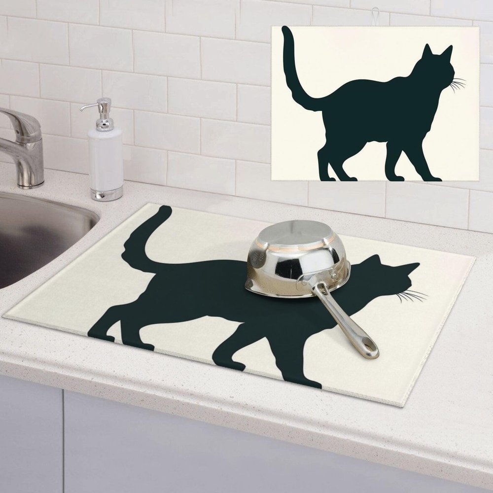 Happy Walking Cat Dish Drying Mat Large 18"x 24" Dishes Drainer Mats for Kitchen Counter Super Absorbent Quick Drying Coffee Mat Dish Rack Pad,Rack Tableware Mat