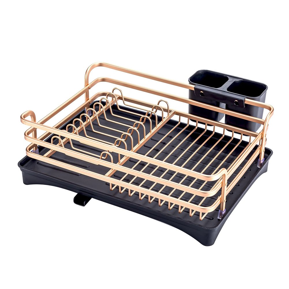 Aluminum Alloy Dish Rack with Drainage Outlet Storage, Kitchen Sink Drying Shelf, Bowl & Tool Holder, Black Gold