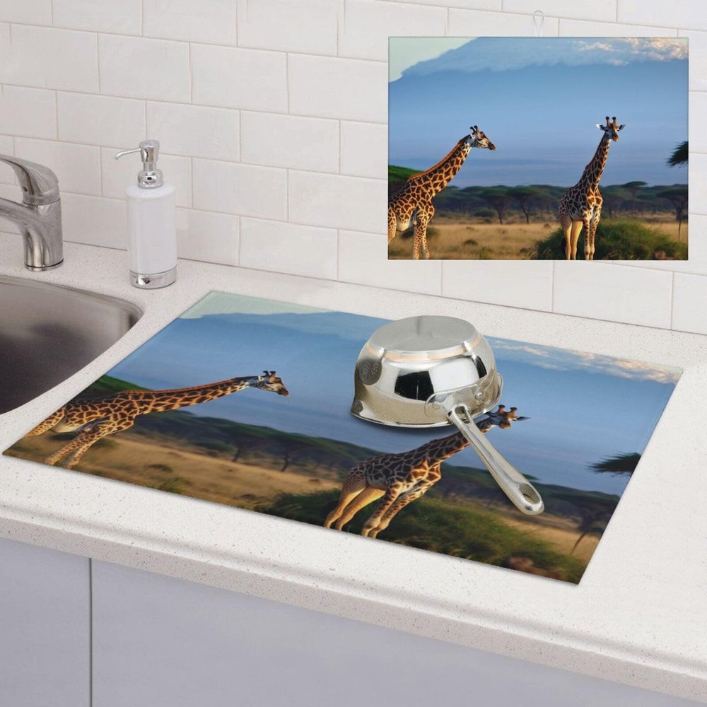 Giraffe Kilimanjaro Mount Dish Drying Mat Large 18"x 24" Dishes Drainer Mats for Kitchen Counter Super Absorbent Quick Drying Coffee Mat Dish Rack Pad,Rack Tableware Mat