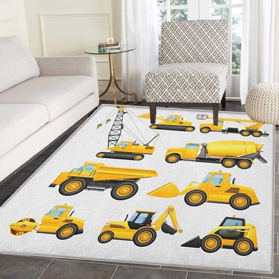 BOWESI Runner Rugs 3x6ft, Boys Abstract Images of Construction Vehicles and Machinery Kids Rugs, Trucks Bulldozer Crane Nursery Classroom Rug, with Anti-Slip Tape for Decor Teen Boys Room