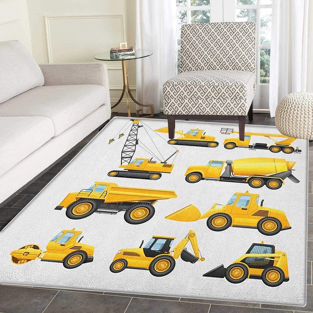 BOWESI Runner Rugs 3x6ft, Boys Abstract Images of Construction Vehicles and Machinery Kids Rugs, Trucks Bulldozer Crane Nursery Classroom Rug, with Anti-Slip Tape for Decor Teen Boys Room