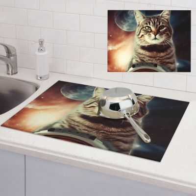 Funny Cat in Space Dish Drying Mat Large 18"x 24" Dishes Drainer Mats for Kitchen Counter Super Absorbent Quick Drying Coffee Mat Dish Rack Pad,Rack Tableware Mat