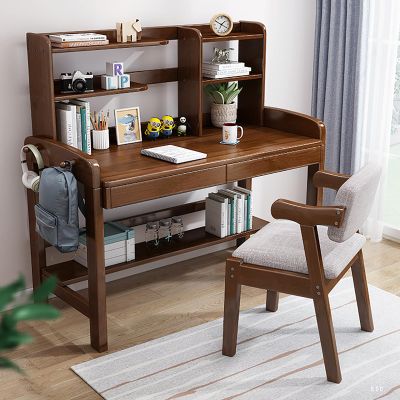 Home Office Computer Desk with Hutch,Solid Wood Writing Desk with Drawers and Bookshelf,Study Study Desk PC Table Workstation for Bedroom,Small Spaces(120x60x83cm(47x24x33inch), Walnut)