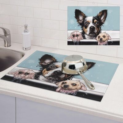 Funny Dog Having a Bath Dish Drying Mat Large 18"x 24" Dishes Drainer Mats for Kitchen Counter Super Absorbent Quick Drying Coffee Mat Dish Rack Pad,Rack Tableware Mat