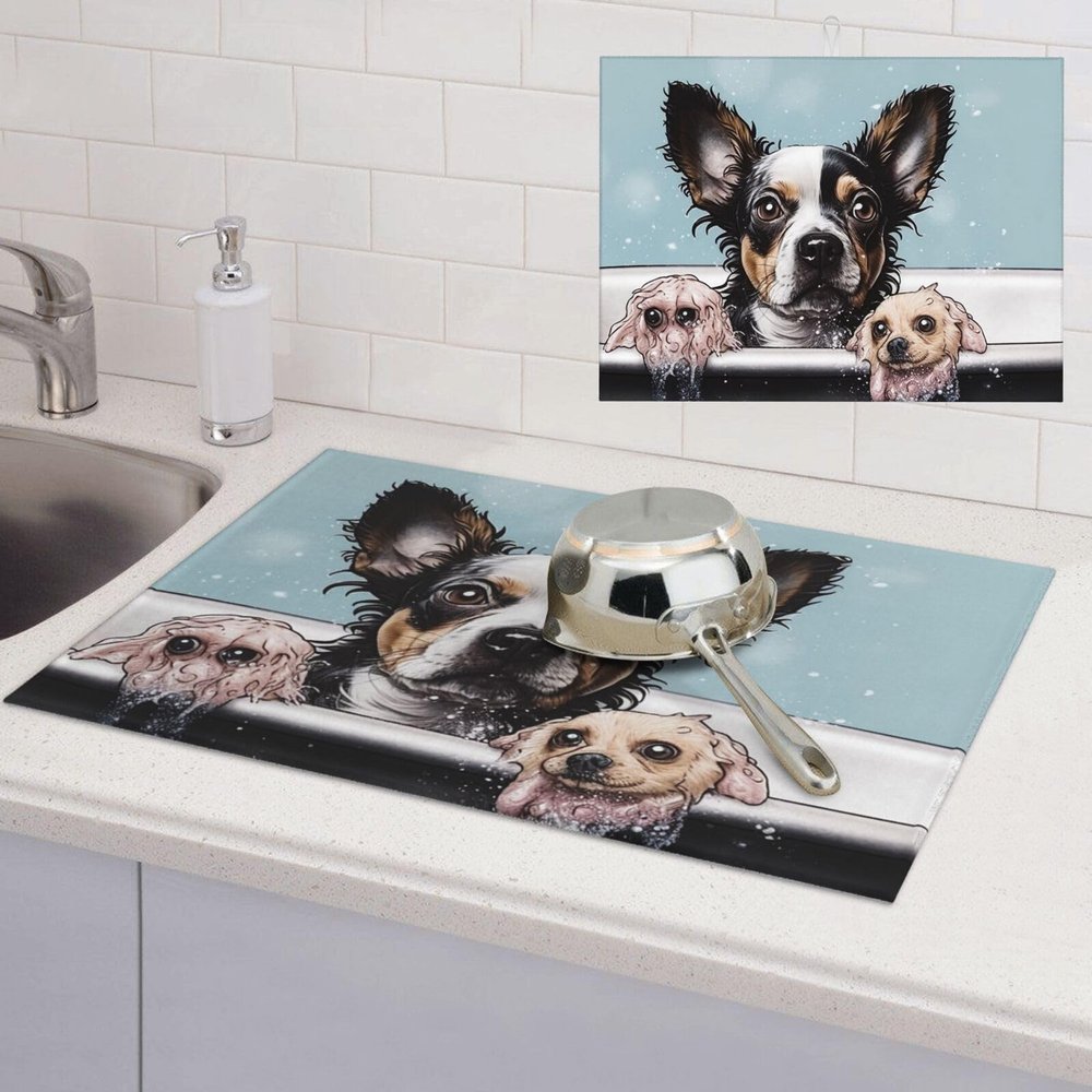 Funny Dog Having a Bath Dish Drying Mat Large 18"x 24" Dishes Drainer Mats for Kitchen Counter Super Absorbent Quick Drying Coffee Mat Dish Rack Pad,Rack Tableware Mat