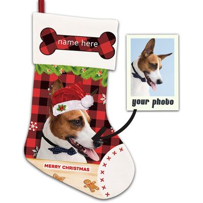 MALIHONG Personalized Photo from Your Dog Christmas Stocking Red Plaid Check Cute Dog Custom Name Xmas Holiday Christmas Tree Hanging Stocking Fireplace Decor 14.4" PT77