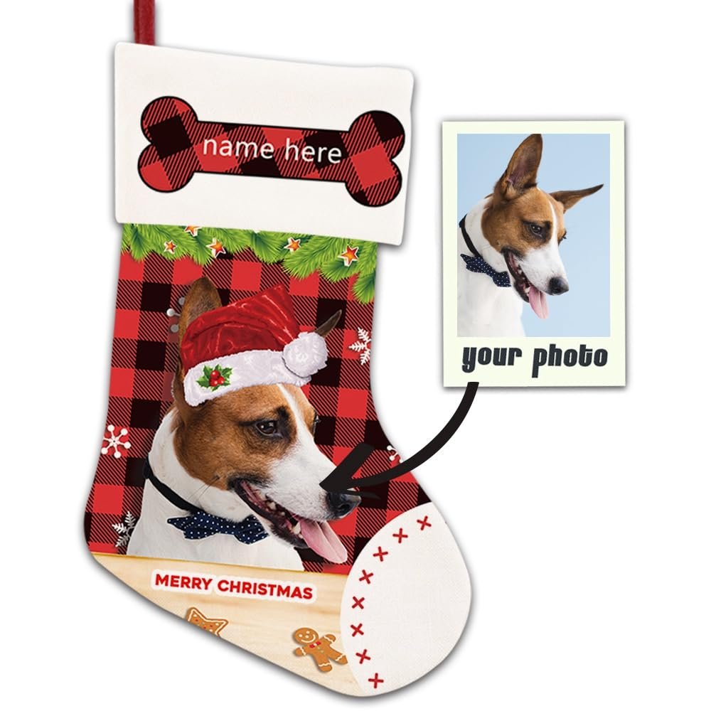 MALIHONG Personalized Photo from Your Dog Christmas Stocking Red Plaid Check Cute Dog Custom Name Xmas Holiday Christmas Tree Hanging Stocking Fireplace Decor 14.4" PT77