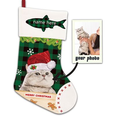MALIHONG Personalized Photo for Dog Cat Christmas Stocking Green Plaid Check Cute Dog Custom Name Xmas Holiday Christmas Tree Hanging Stocking Fireplace Decor 14.4" PT123