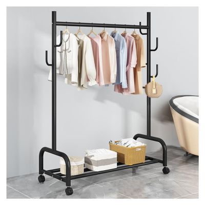HJZALMI Clothing Rack Wheels, Heavy Duty Hangers, Portable Coat Rack Organizer, Clothes Hanger with Bottom Storage Rack for Coats, Shirts, Dresses (Color : Black, Size : 59x57x61x37in)