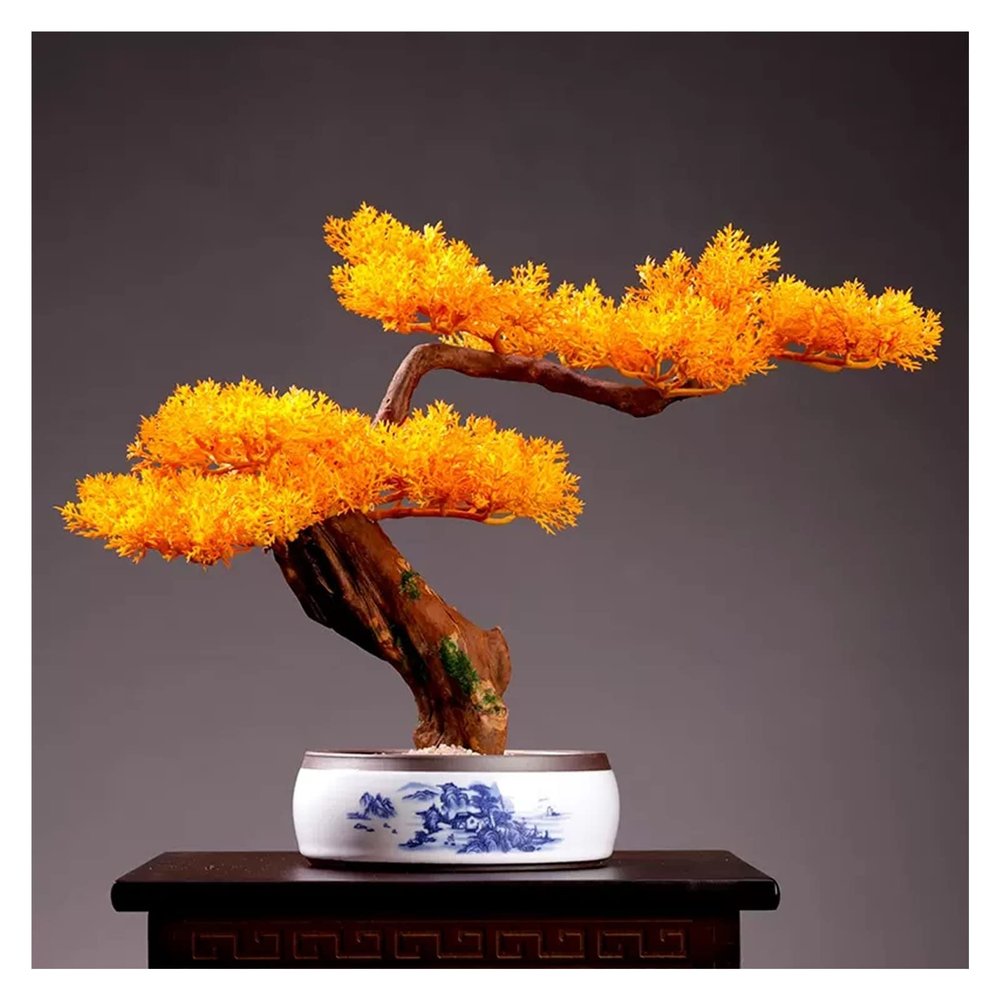 Artificial Bonsai Tree Artificial Bonsai Juniper Tree Potted Faux Japanese Pine Bonsai Yellow Leaves Simulation Zen Garden Fake Plant Artificial Bonsai Tree for Home Office Showcase Indoor Dcor Deskt