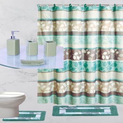 19 Piece Complete Bathroom Accessory Set with Anti-Slip Bath Rugs, Shower Curtain, and Hooks. (Zen Mint)