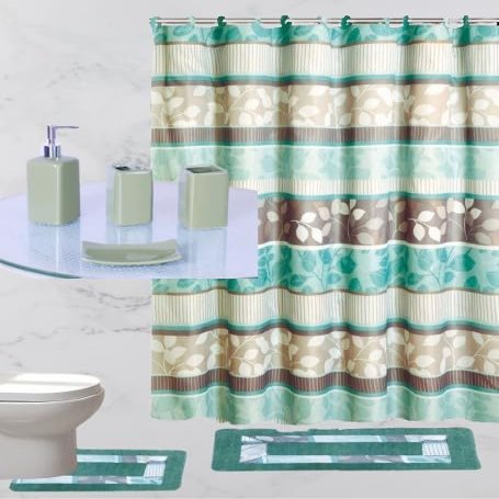 19 Piece Complete Bathroom Accessory Set with Anti-Slip Bath Rugs, Shower Curtain, and Hooks. (Zen Mint)