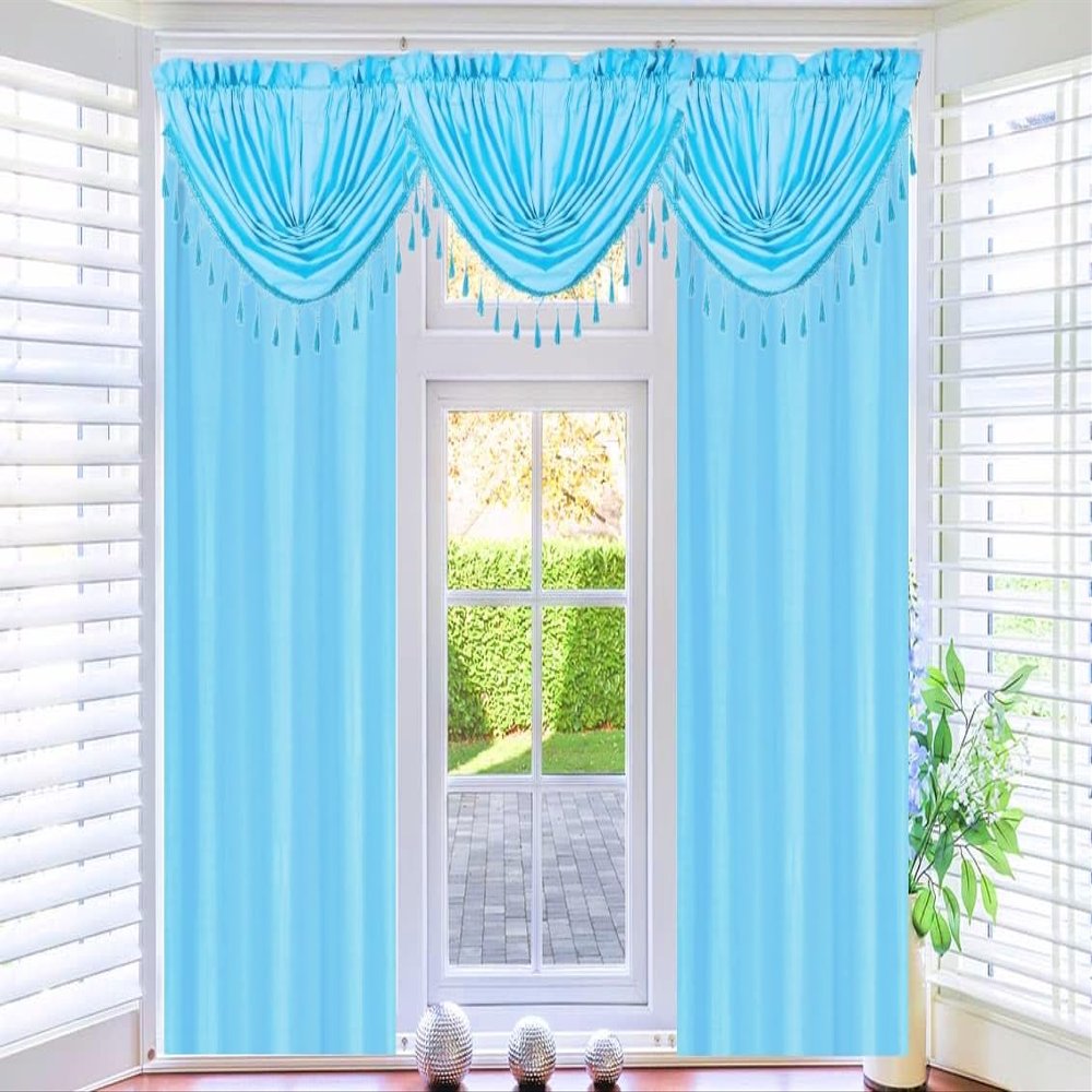 5 Piece Set Microfiber Smooth Touch Blackout Lightfiltering Rod Pocket Panels and Waterfall Valance with Tassels R64 63" Long (Aqua Blue)