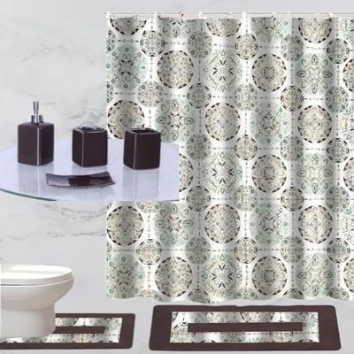 19 Piece Complete Bathroom Accessory Set with Anti-Slip Bath Rugs, Shower Curtain, and Hooks. (Itaka Brown)