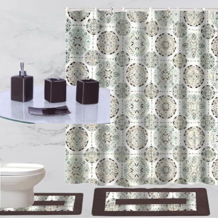 19 Piece Complete Bathroom Accessory Set with Anti-Slip Bath Rugs, Shower Curtain, and Hooks. (Itaka Brown)