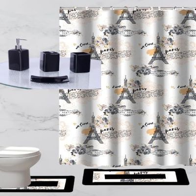 19 Piece Complete Bathroom Accessory Set with Anti-Slip Bath Rugs, Shower Curtain, and Hooks. (Paris Black)